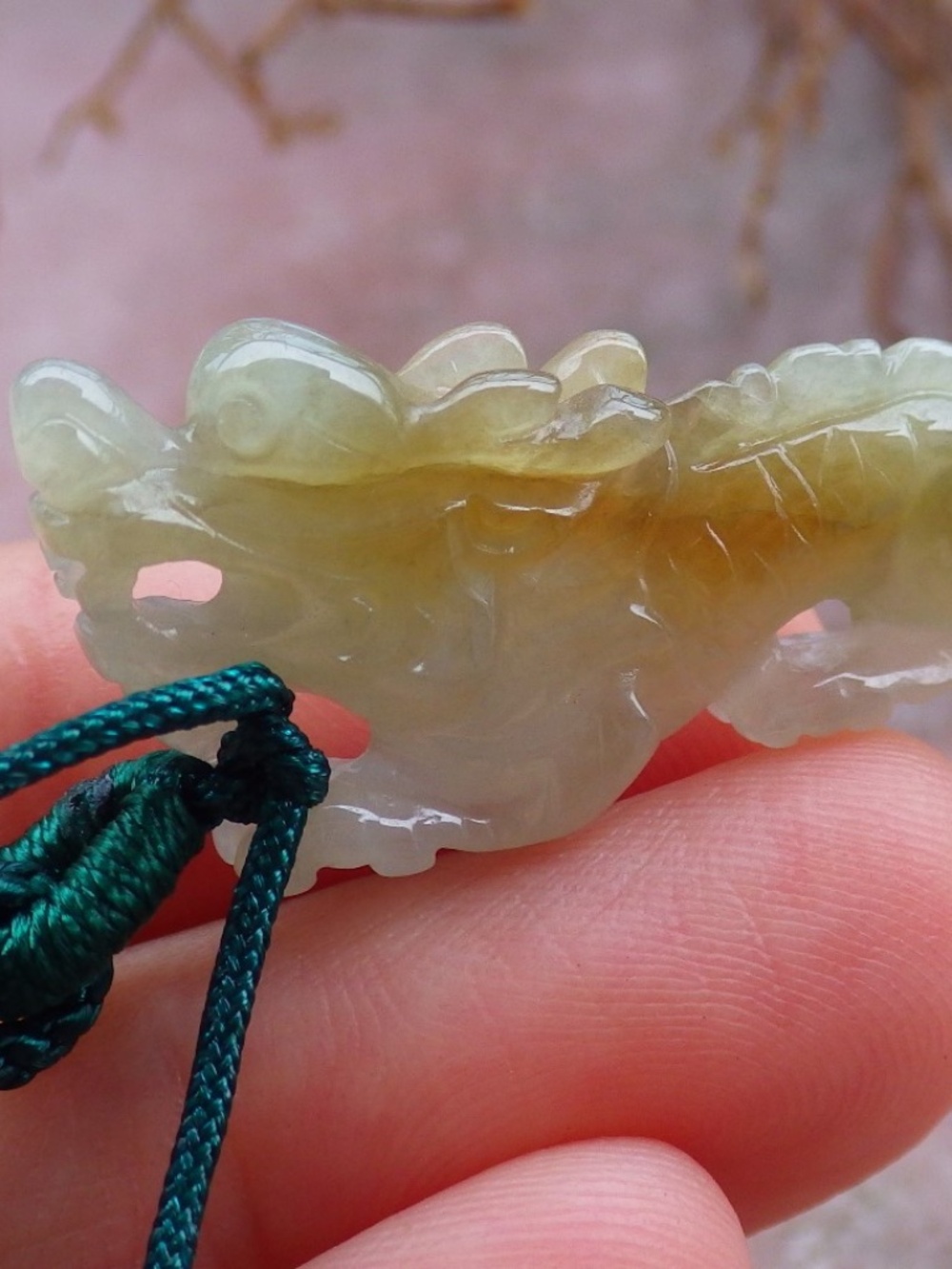 Certified Hand Carved Yellow Natural Burma Jade jadeite Dragon Pendant Necklace